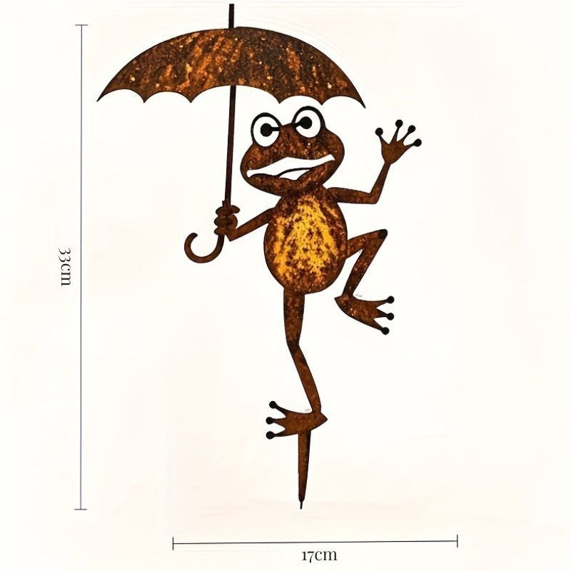 Sculpture Métal Grenouille Avec Parapluie Décorative