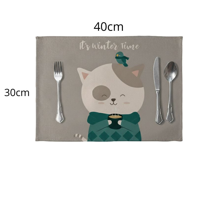 Set De Table en Lin Décoratif Chat Mignon D’Hiver