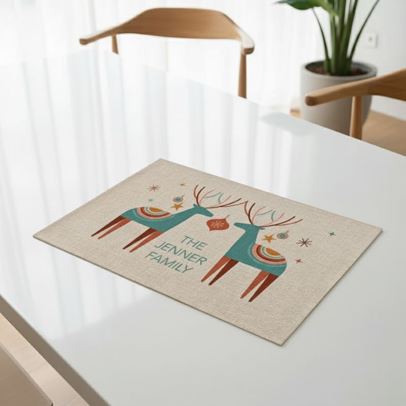 Set De Table En Lin De Noël Avec Motif Renne Rustique Et Élégant 4 Pièces