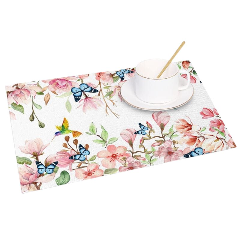 Set De Table En Lin Fleurs Délicates Et Papillons Colorés