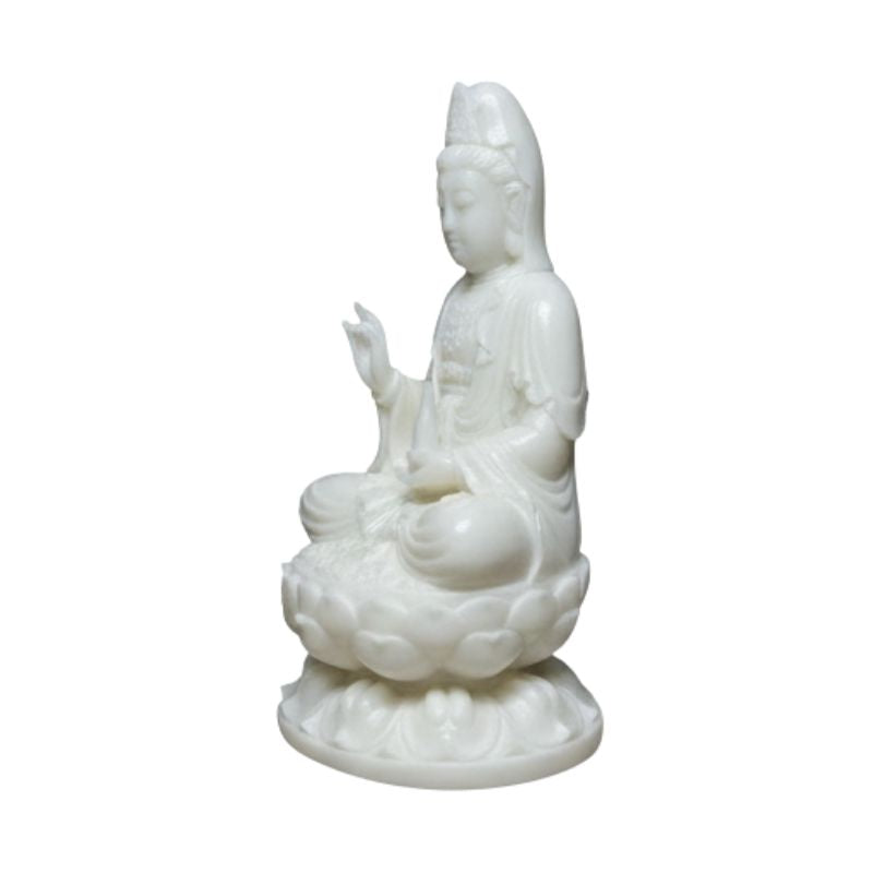 Statuette En Ivoire Moine Bouddhiste Avec Sceptre Et Lotus Sacré