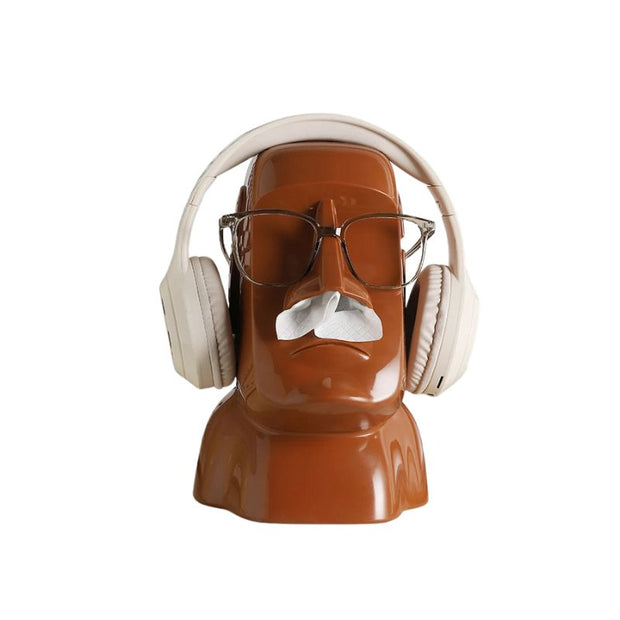 Sculpture Moai Design Avec Casque Audio Et Lunettes Modernes