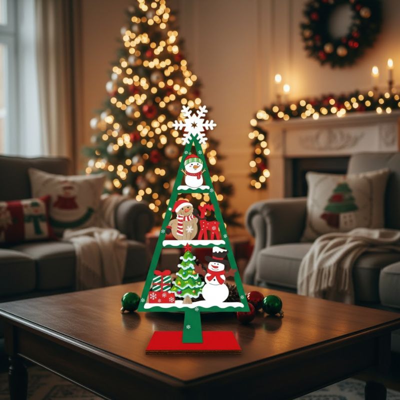 Sapin De Noël En Bois Avec Bonhomme De Neige Et Cadeaux