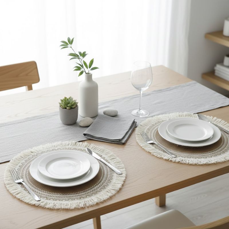 Set De Table En Lin Et Jute Rond Avec Motif Vintage Élégant