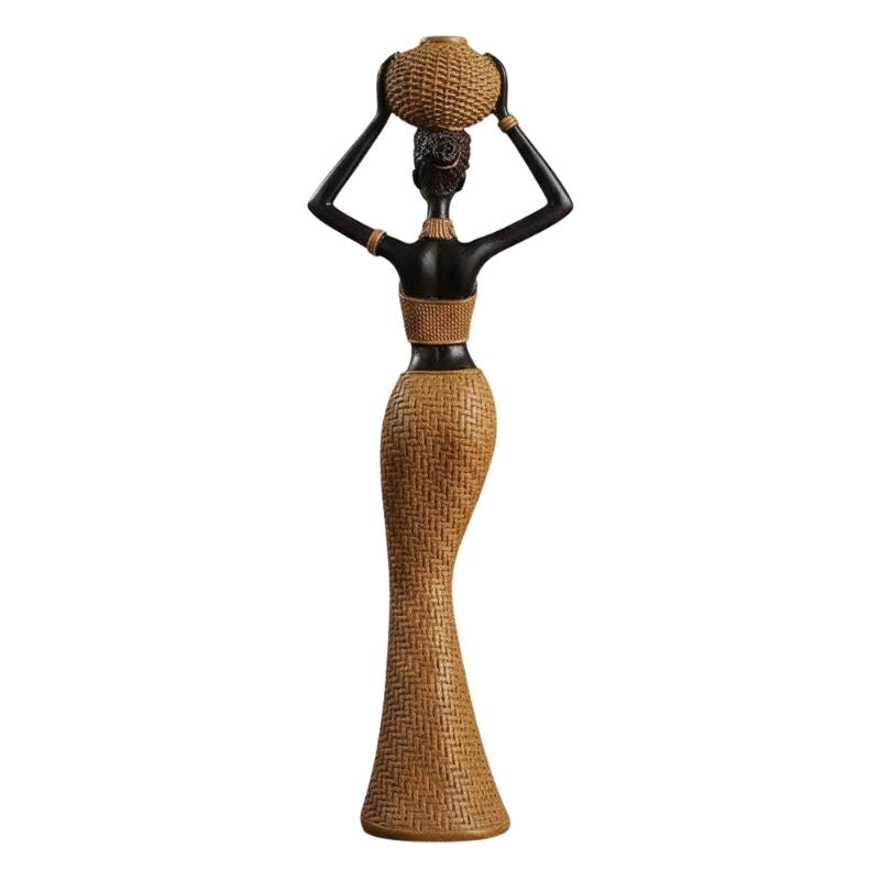 Sculpture Femme Africaine En Style Tribal Avec Panier Tressé