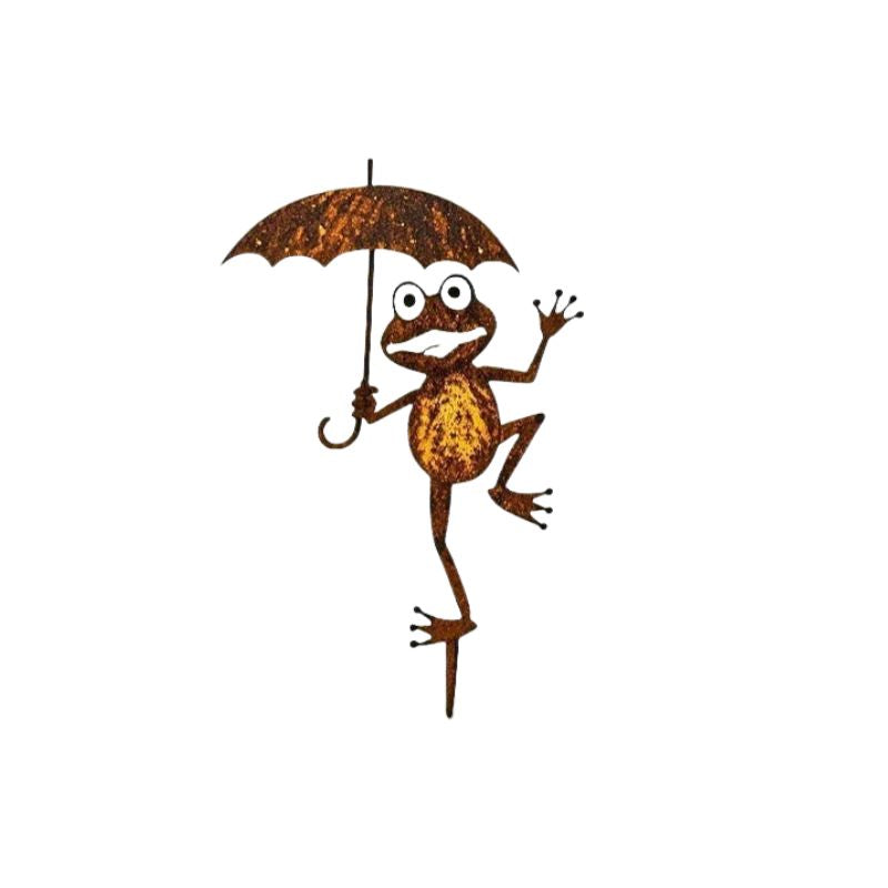 Sculpture Métal Grenouille Avec Parapluie Décorative