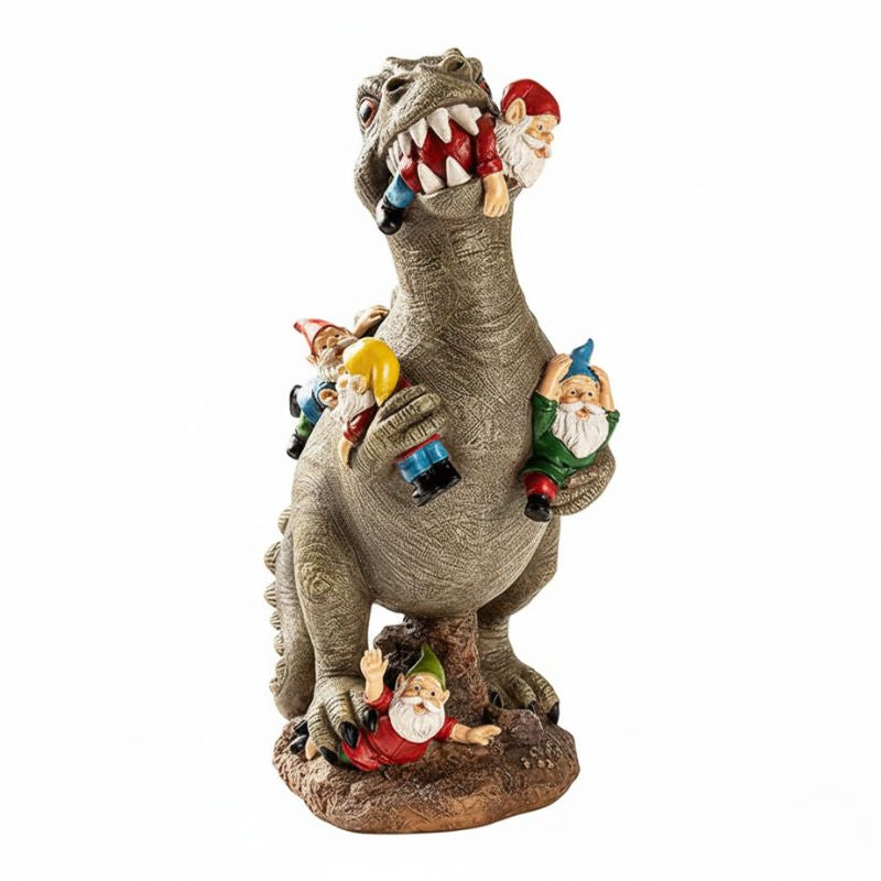Sculpture Décorative Dinosaure Avec Gnomes En Scène Amusante