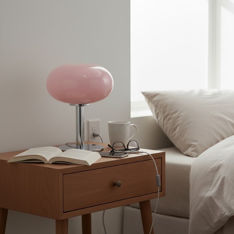 Lampe Champignon Rose Avec Pied Chromé Et Dôme Brillant