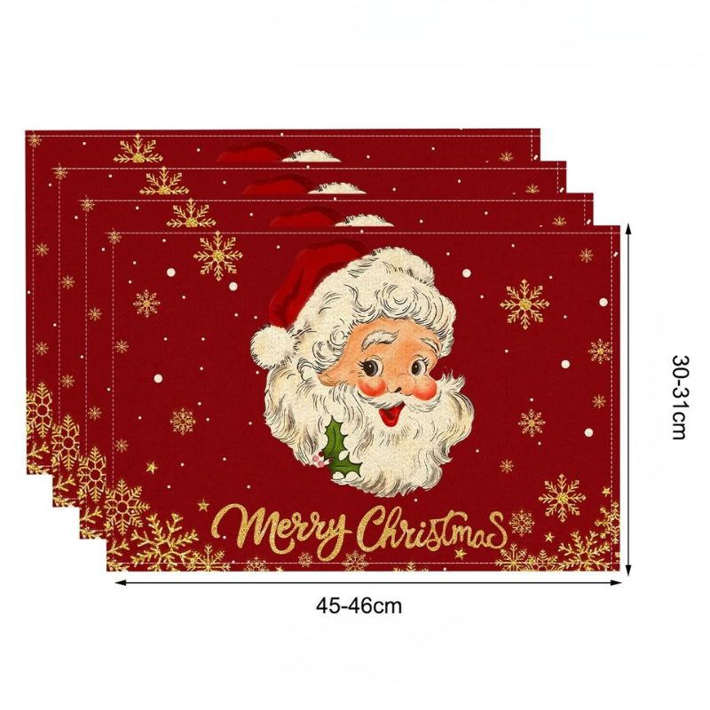 Set De Table En Lin Rouge Avec Père Noël Et Flocons Dorés