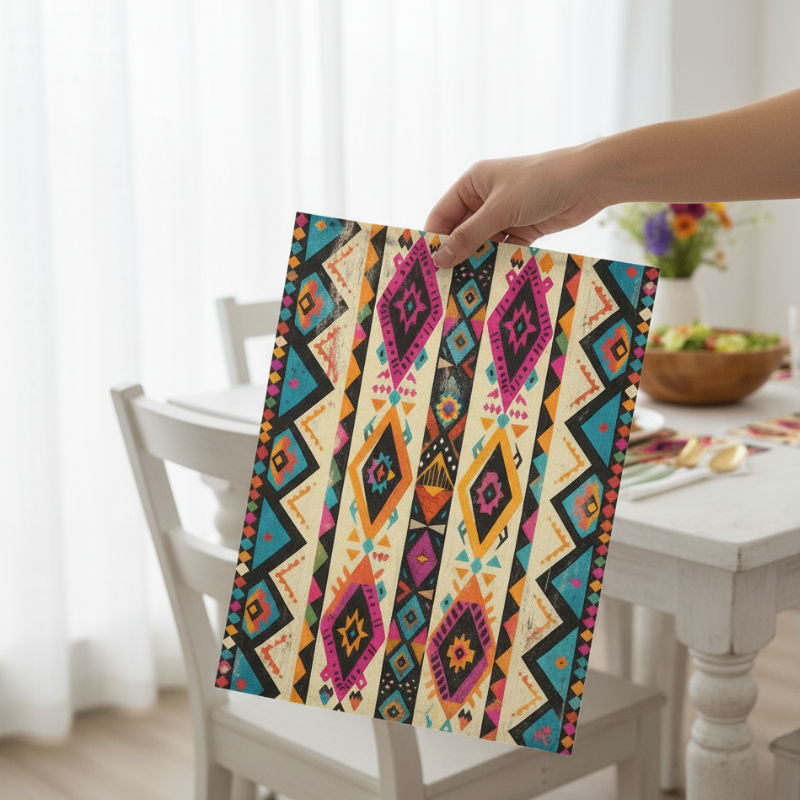 Set De Table Bohème En Lin Avec Motifs Géométriques Et Vifs 4 Pièces