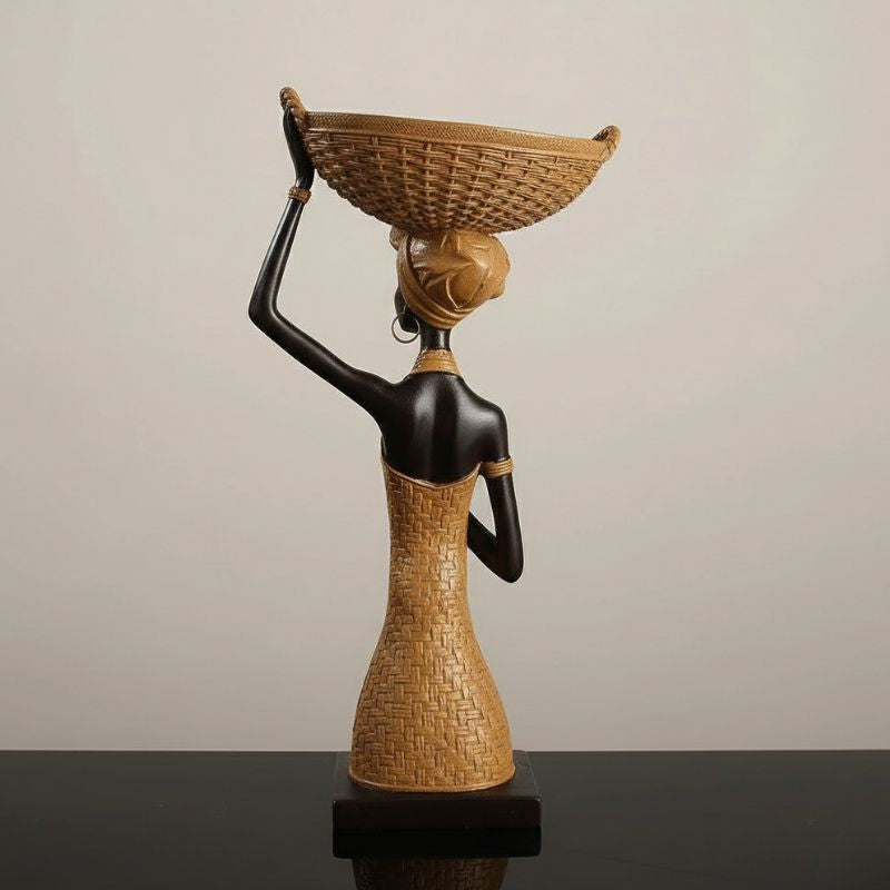 Sculpture Femme Élancée En Art Africain Avec Panier Sur La Tête