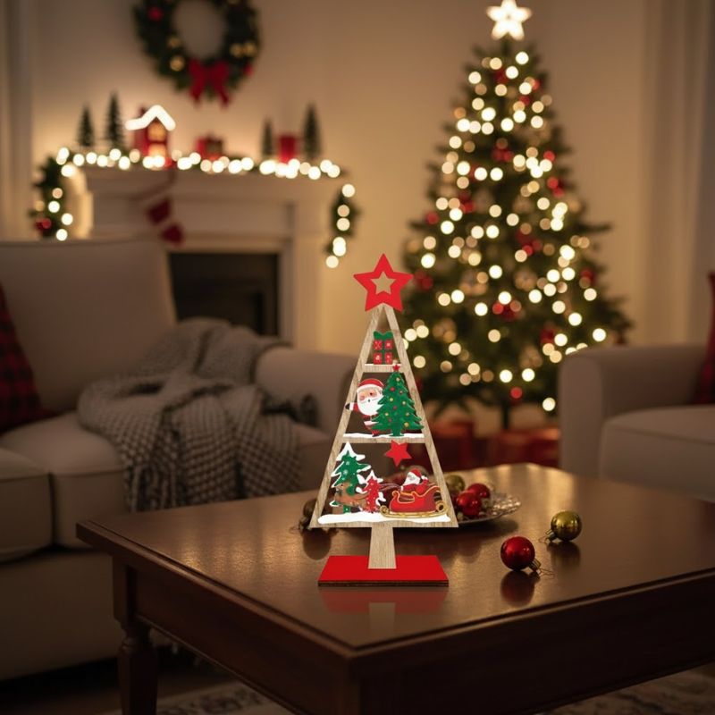 Sapin De Noël En Bois Avec Père Noël Et Traîneau Décoratif