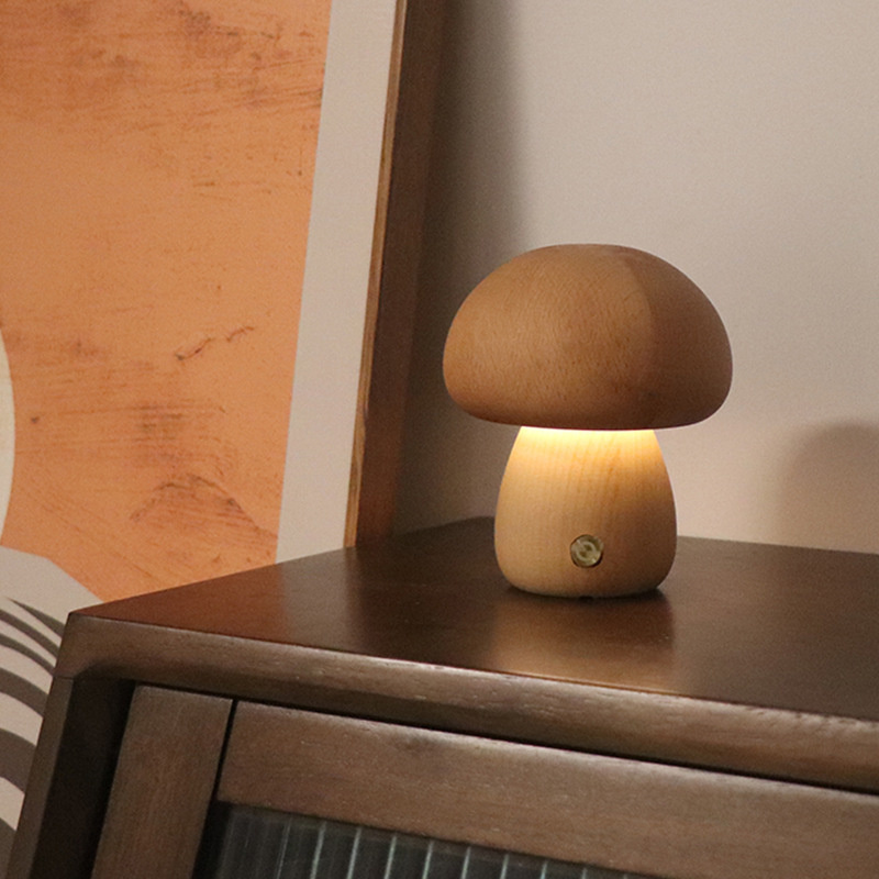 Lampe Champignon Tactile En Bois Naturel