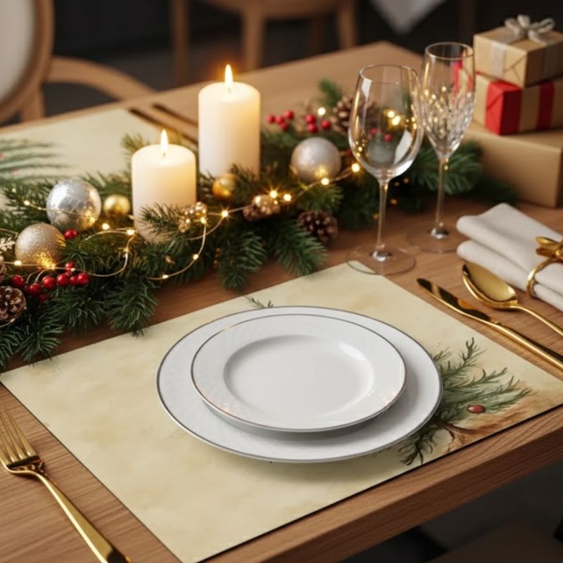 Set De Table De Noël En Lin Lavable Avec Design Sapin Festif 4 Pièces