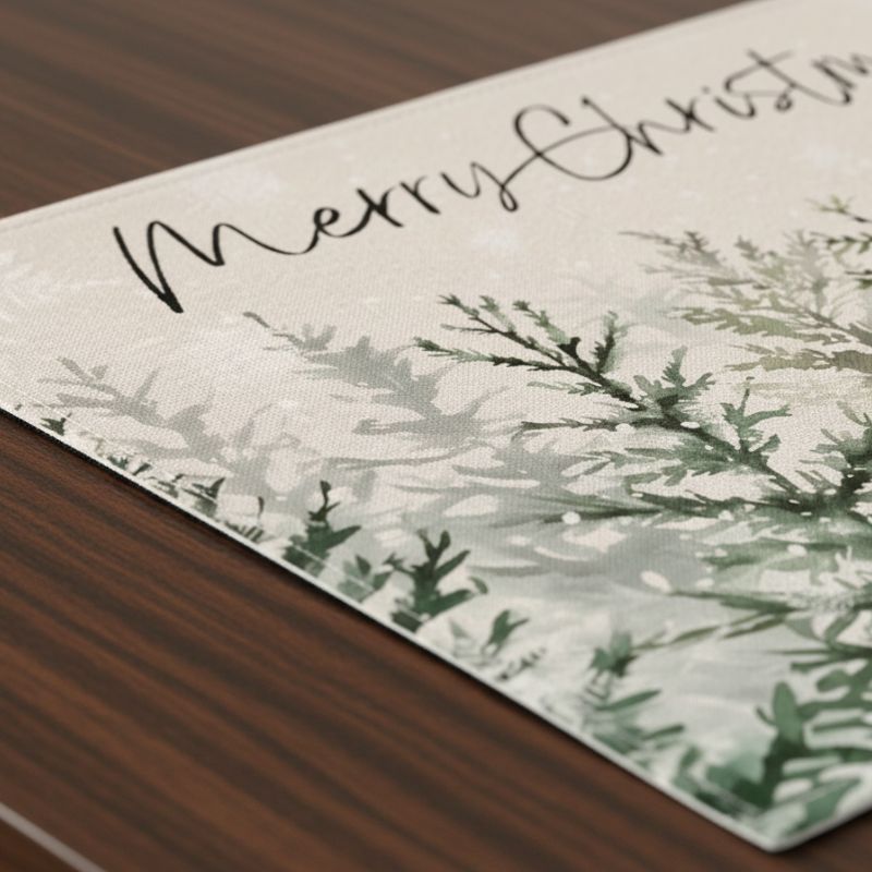 Set De Table En Lin Merry Christmas Avec Forêt De Sapins Élégante