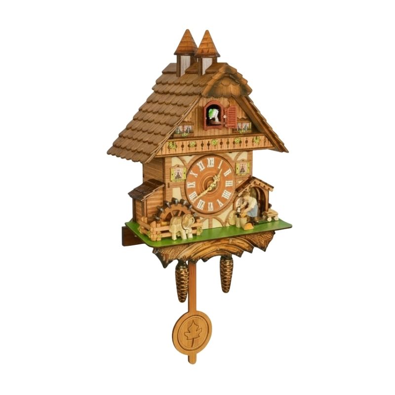 Horloge Coucou En Bois Sculpté Avec Décor Village