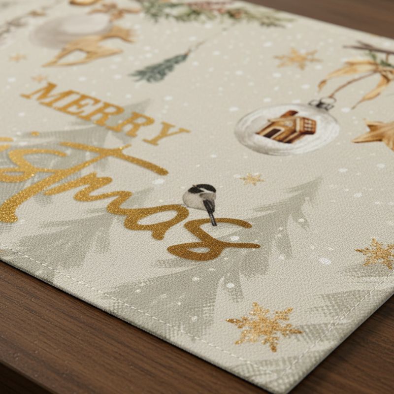 Set De Table En Lin De Noël Avec Motif Naturel Et Touches Dorées