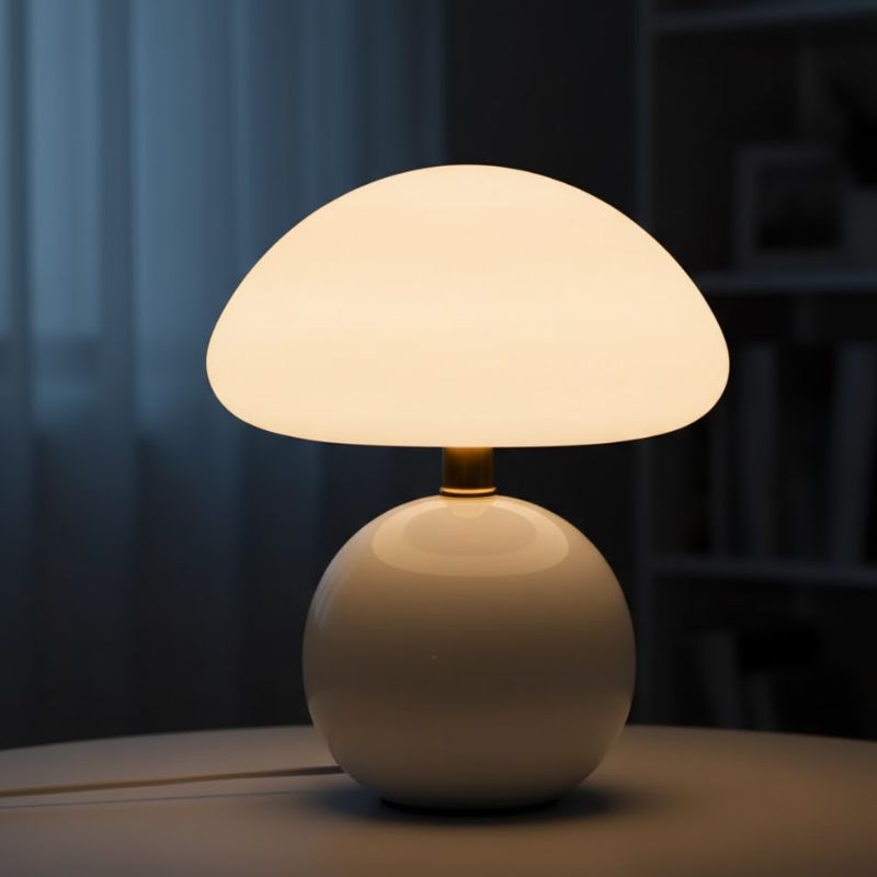 Lampe Champignon Blanc Avec Base Ronde Et Détail Doré