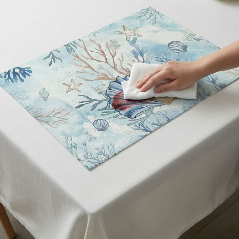 Set De Table En Lin Coquillages Marins Aquarelle