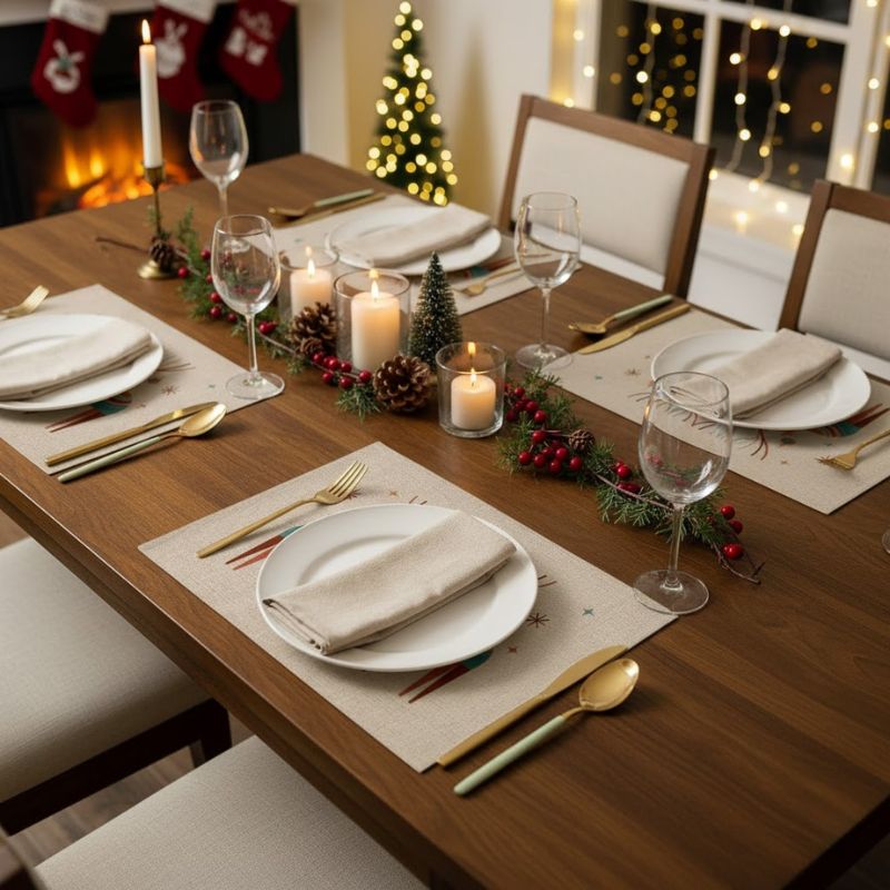 Set De Table En Lin De Noël Avec Motif Renne Rustique Et Élégant 4 Pièces