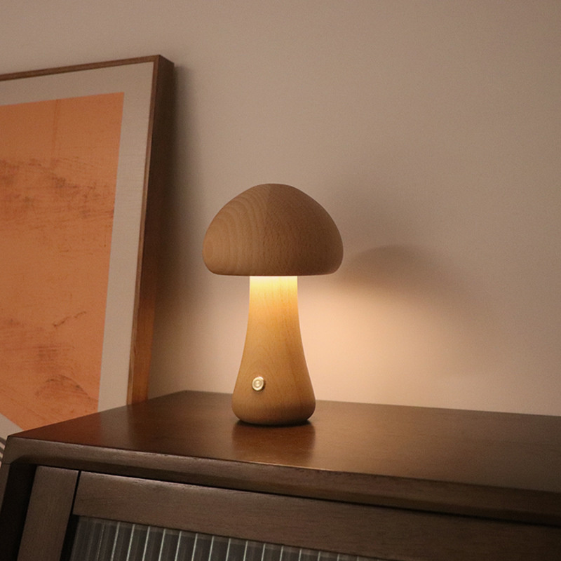 Lampe Champignon Tactile En Bois Naturel