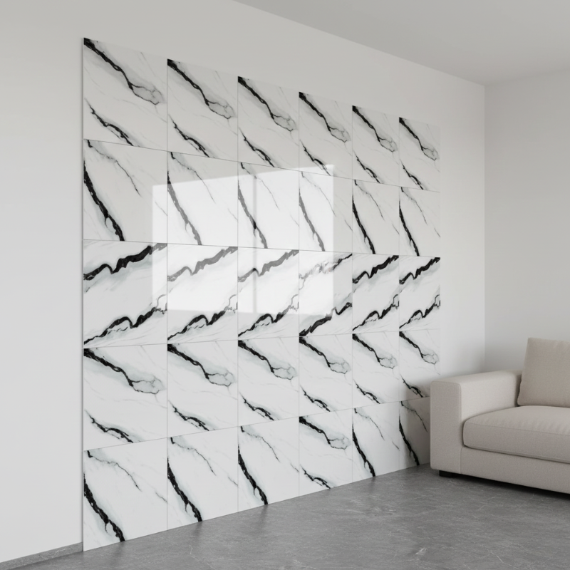 Panneau Mural PVC Avec Effet Marbre Blanc Et Veinage Noir Moderne