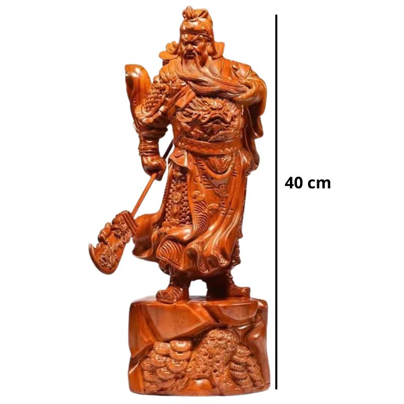 Sculpture En Bois Statue Guan Gong Feng Shui Sculptée