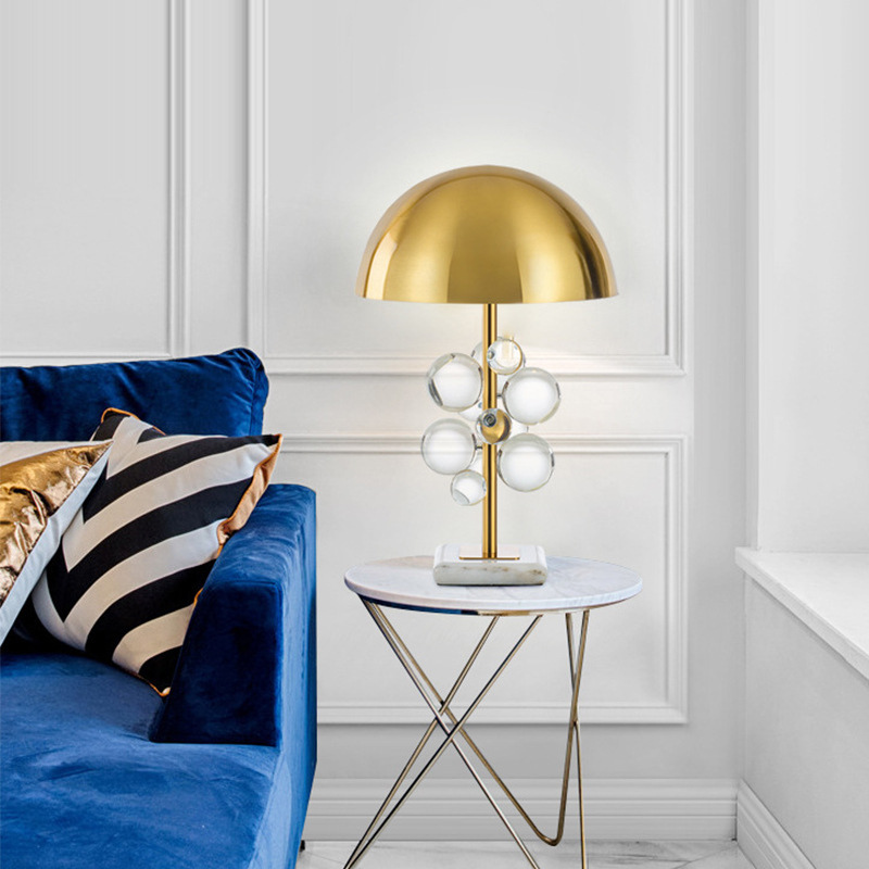 Lampe Champignon Dorée Avec Bulles De Verre Et Base En Marbre