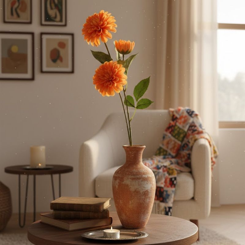 Fleur Artificielle Orange Avec Pompons Ronds