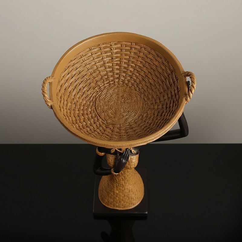Sculpture Femme Élancée En Art Africain Avec Panier Sur La Tête