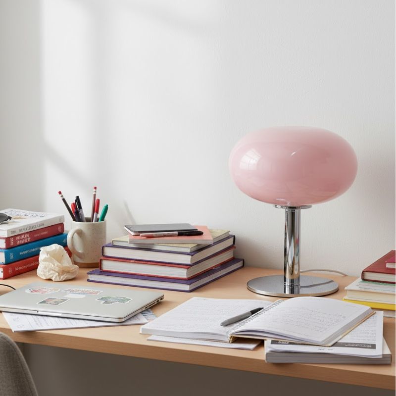 Lampe Champignon Rose Avec Pied Chromé Et Dôme Brillant