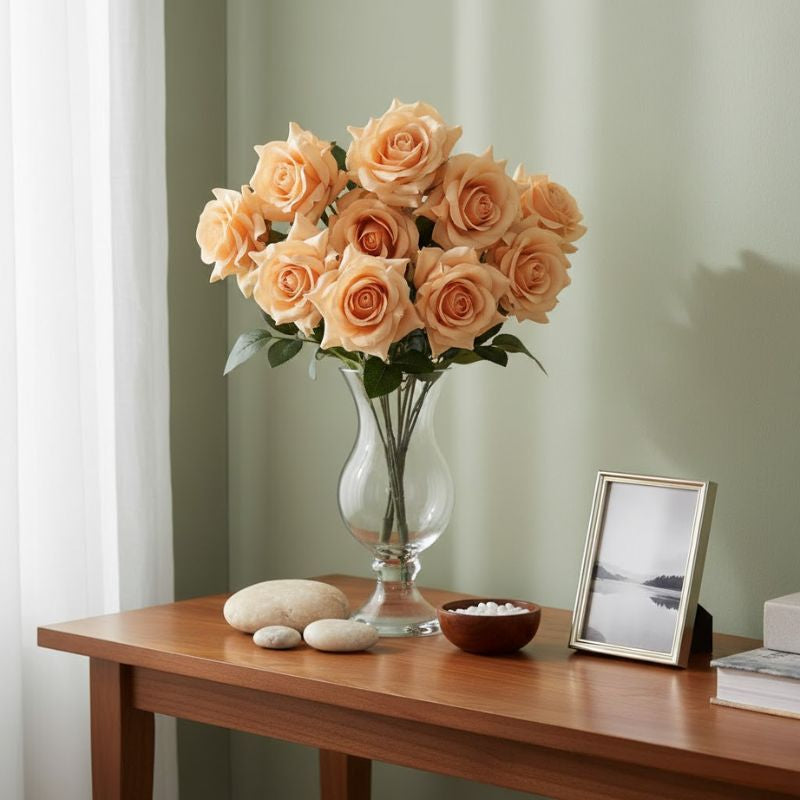 Fleur Artificielle Orange En Roses Ouvertes Avec Feuillage Mat