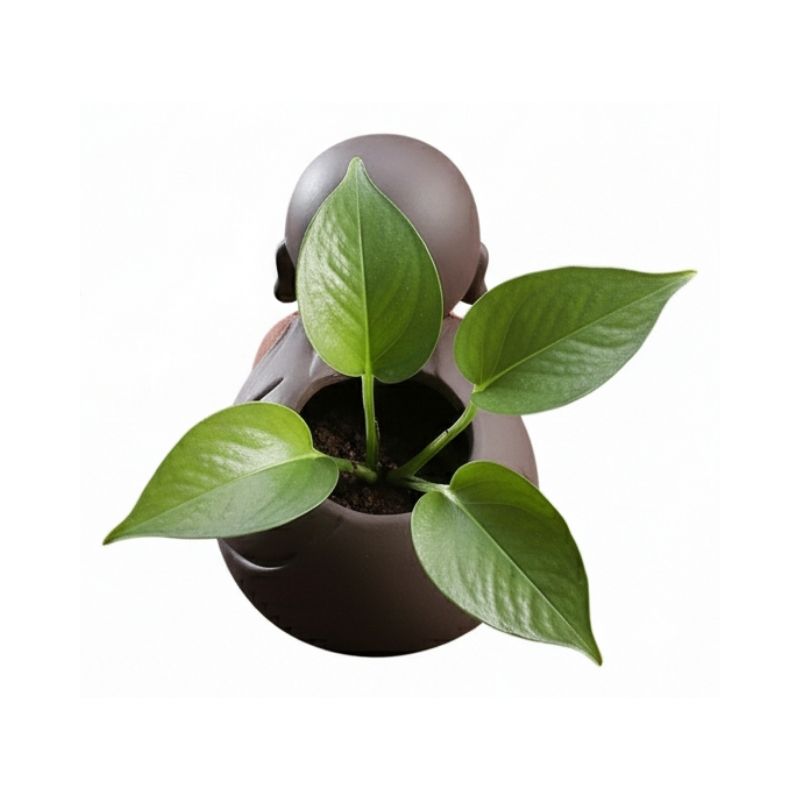 Sculpture En Argile Moine Souriant Portant Vase