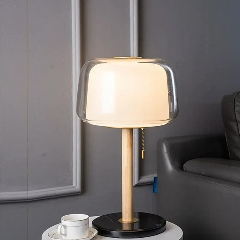 Lampe Champignon Design En Verre Double Couche Et Bois Naturel