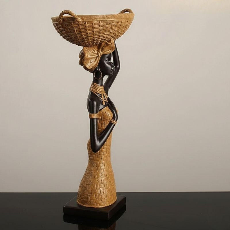 Sculpture Femme Élancée En Art Africain Avec Panier Sur La Tête