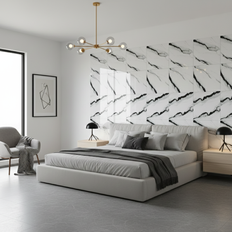 Panneau Mural PVC Avec Effet Marbre Blanc Et Veinage Noir Moderne