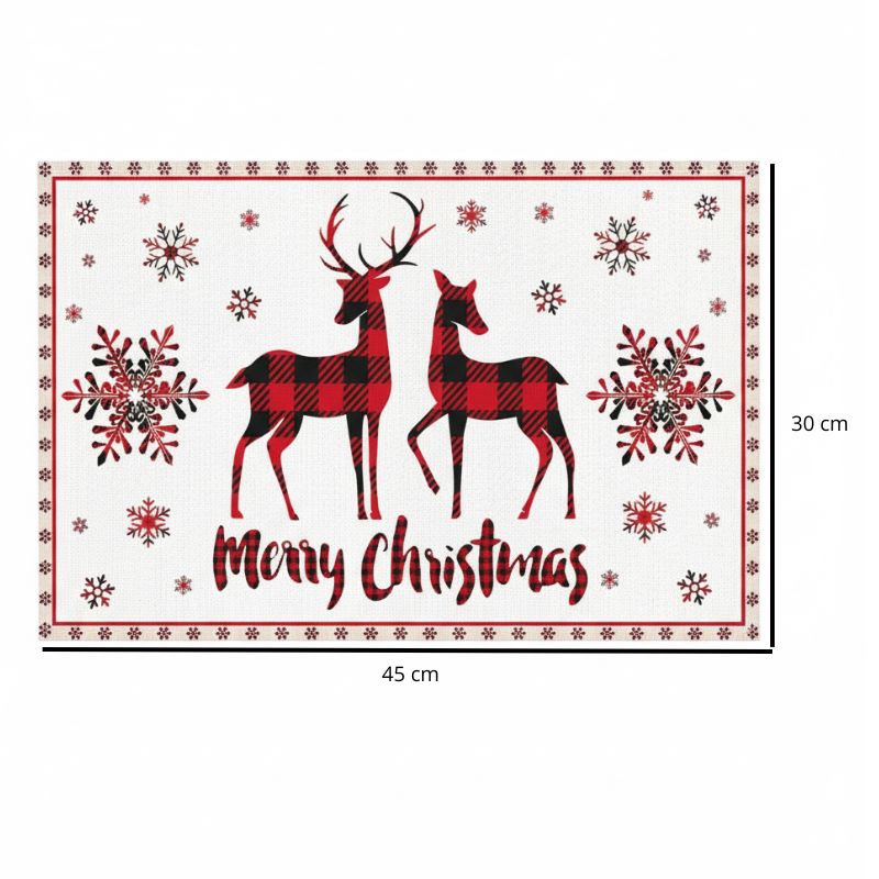 Set De Table En Lin De Noël Avec Rennes Et Flocons Rouges