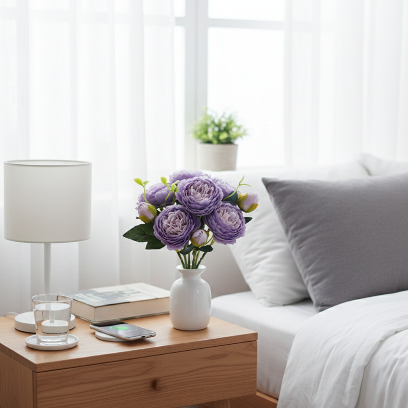 Fleur Artificielle Violet En Composition Avec Roses Réalistes