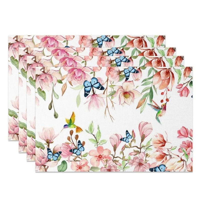 Set De Table En Lin Fleurs Délicates Et Papillons Colorés