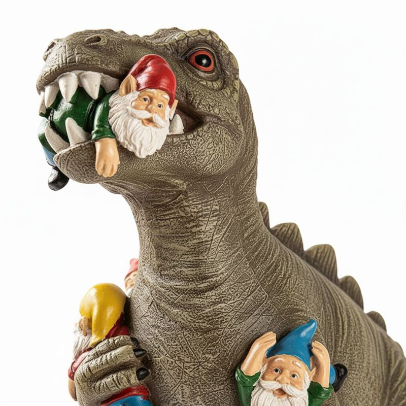 Sculpture Décorative Dinosaure Avec Gnomes En Scène Amusante