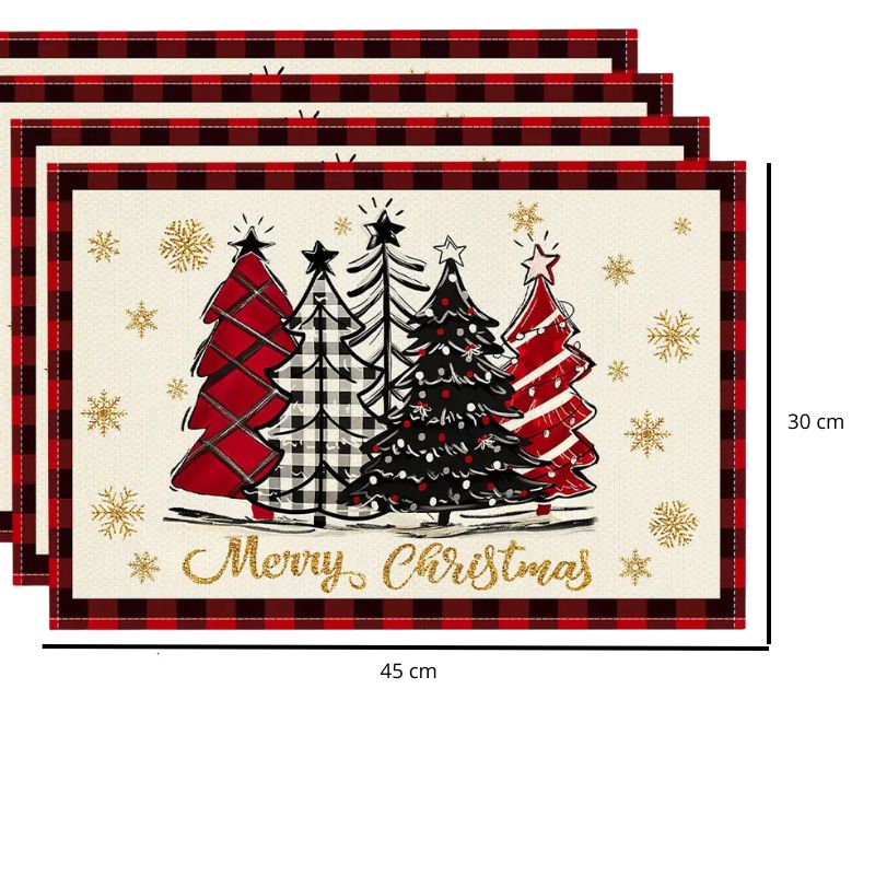 Set De Table En Lin De Noël Avec Sapins Et Flocons Brillants