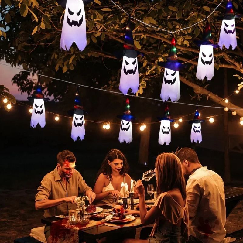 Décorations Halloween Fantôme Lumineux avec Chapeau de Sorcière