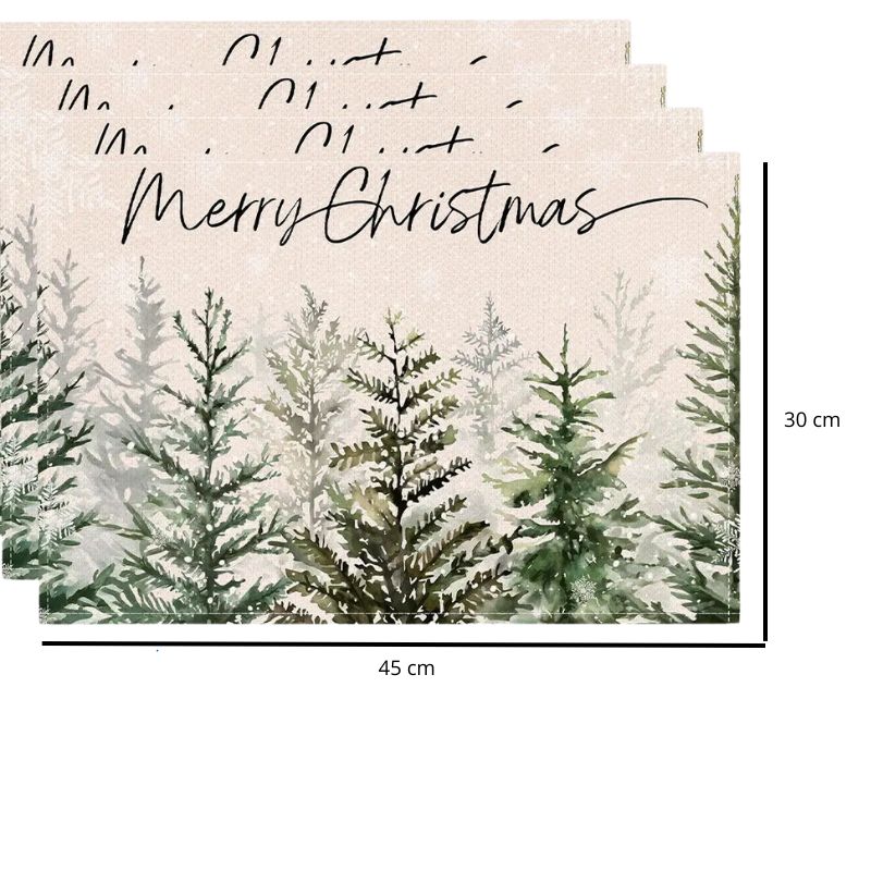 Set De Table En Lin Merry Christmas Avec Forêt De Sapins Élégante