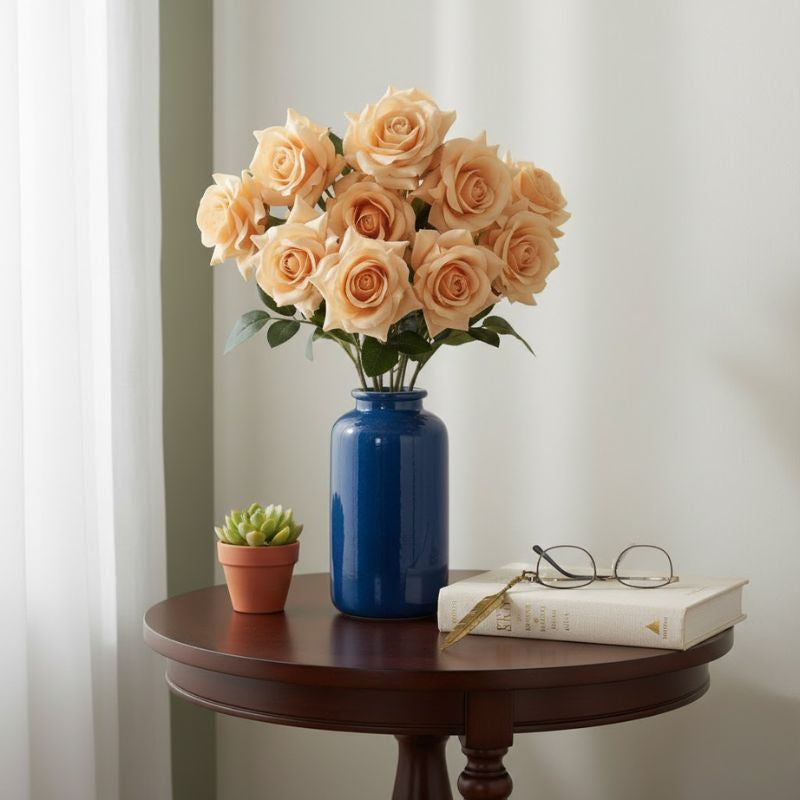 Fleur Artificielle Orange En Roses Ouvertes Avec Feuillage Mat