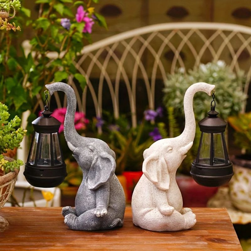 Sculpture Éléphant Décorative Avec Lanterne Solaire