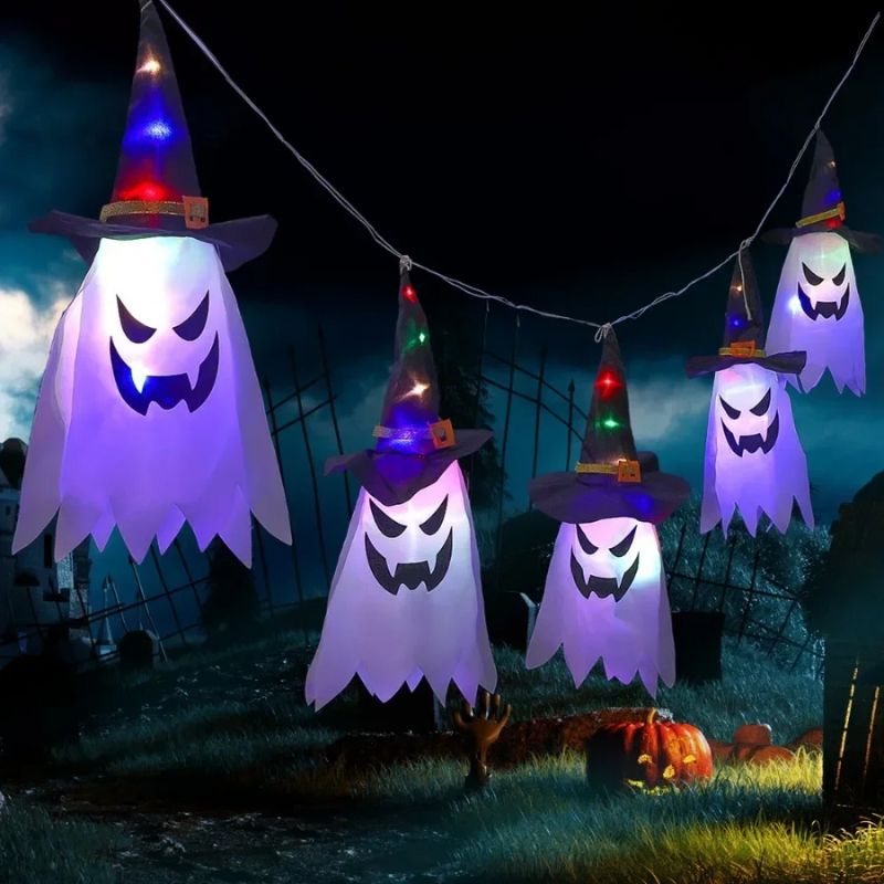 Décorations Halloween Fantôme Lumineux avec Chapeau de Sorcière