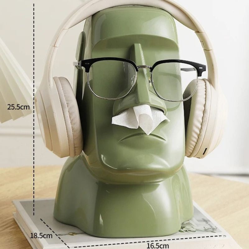 Sculpture Moai Design Avec Casque Audio Et Lunettes Modernes
