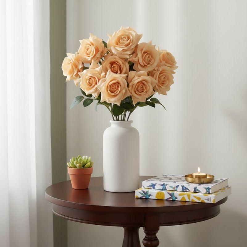 Fleur Artificielle Orange En Roses Ouvertes Avec Feuillage Mat