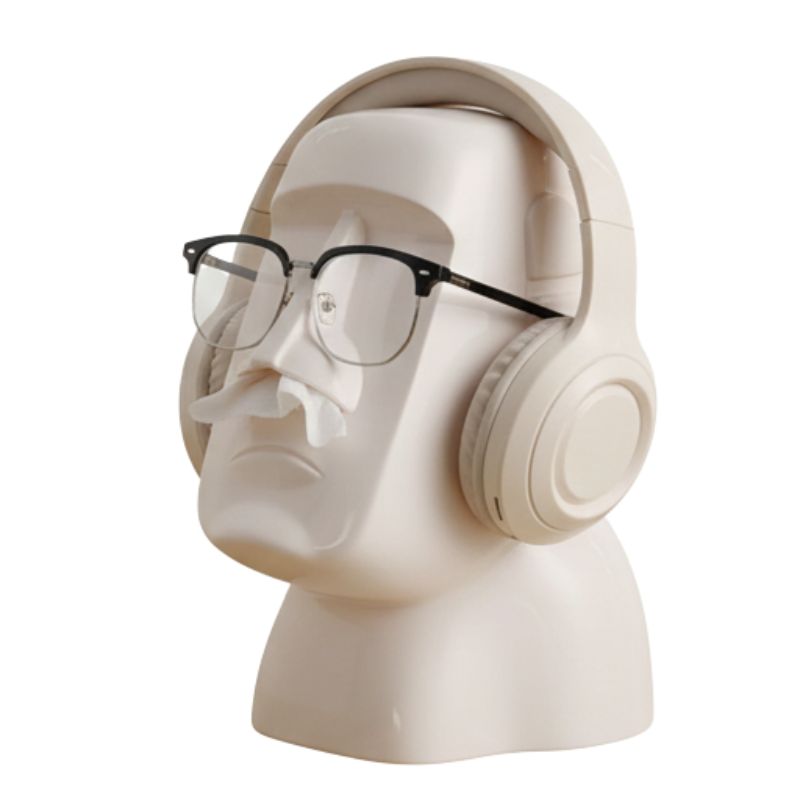 Sculpture Moai Design Avec Casque Audio Et Lunettes Modernes