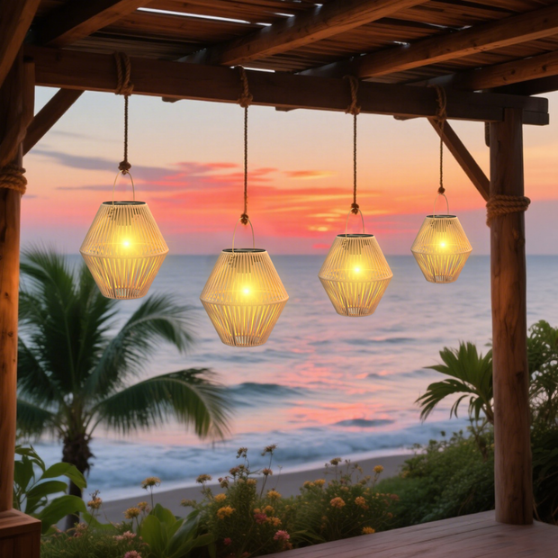 Lampes Solaires de Jardin Style Lanterne en Rotin